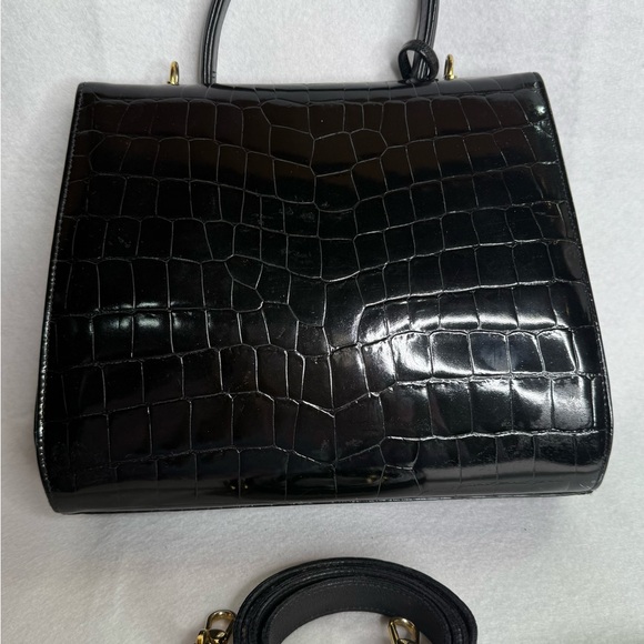 Elegant Neiman Marcus collection Black Patent Crocodile-Embossed Handbag - Picture 2 of 8